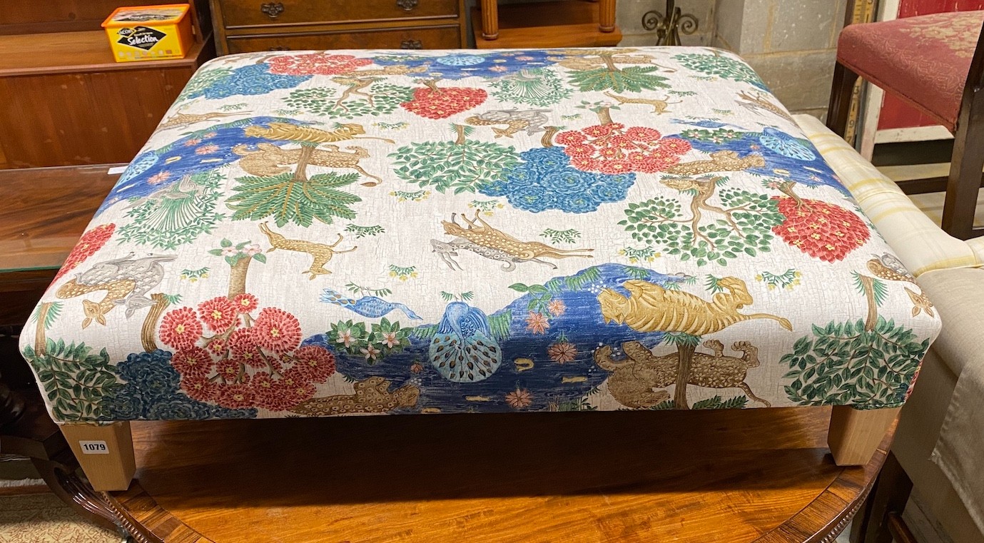 A contemporary rectangular large footstool upholstered in Sanderson animal fabric, length 103cm, depth 92cm, height 27cm